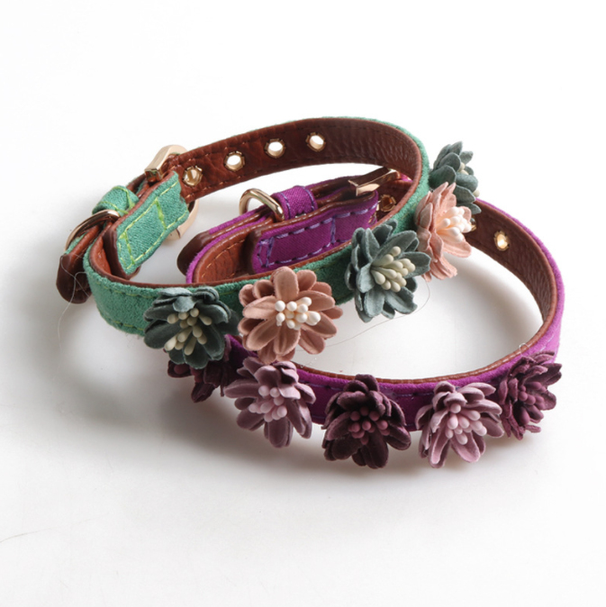 New Pu Pet Collar Metal Button Flower Dog Collar Suede Cat Collar