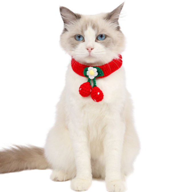 Pet Handmade Crochet Knitted Wool Cherry Cute Cat Dog Collar Bib Adjustable Accessory Flower Choker