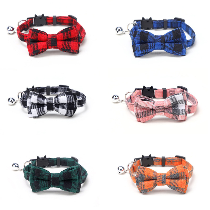 New Design Christmas Lovely Bow Adjustable Cat Plaid Collar With Bell Pet Accessories