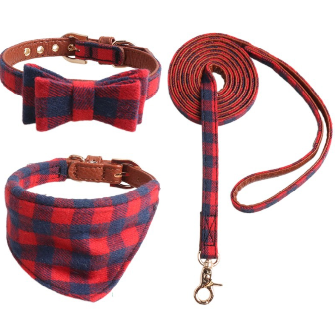 New Pet Products British Plaid Three-piece Set Pu Bow Triangle Scarf Collar