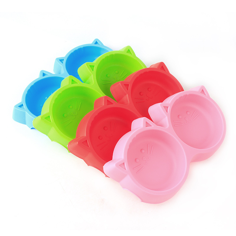 Factory Direct Wholesale Plastic Cat Face-shaped Pet Double Bowl Cat Supplies