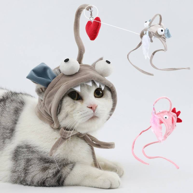 Unique Design Cartoon Animals Hat Shape Cat Teaser With Feather Interactive Cat Toy Amuse Themselves
