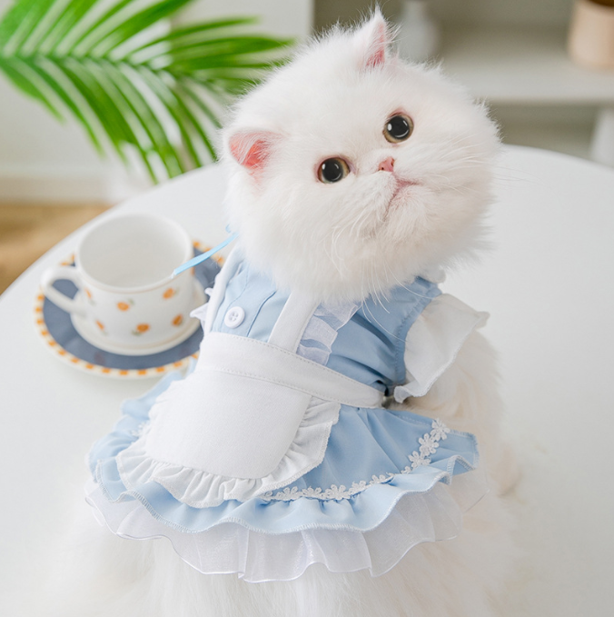 Summer Cat Silk Lead Knot Lacy Maid Outfit Thin Cat Princess Skirt Two-legged Dog Pet Cat Dress