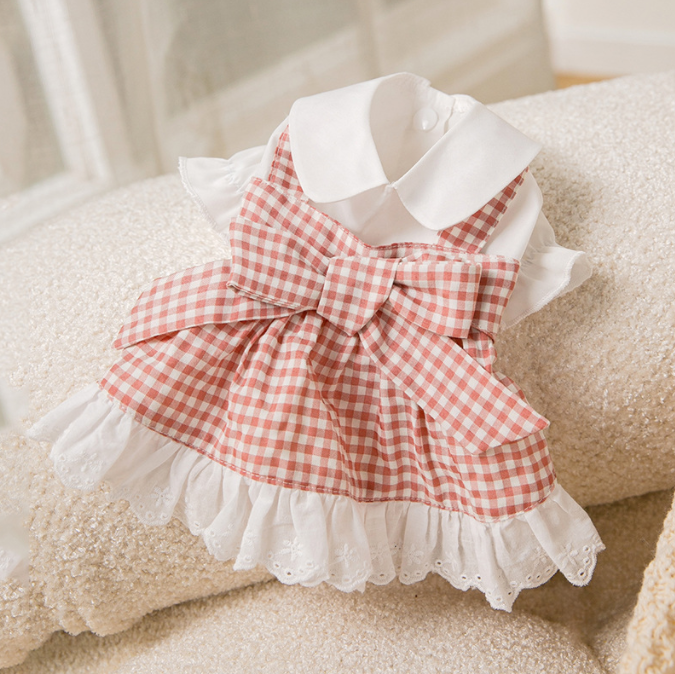 Korean Pet Skirt Pink Plaid Bow Lace Hem Shirt Dress Thin Two-legged Cat Clothes