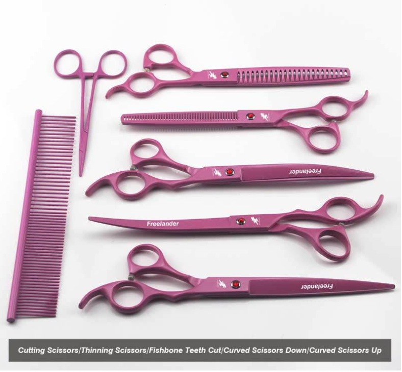 80 Inch Pink Freelander Paint Shaped 5 Scissors Pet Grooming Dense Teeth Scissors Set