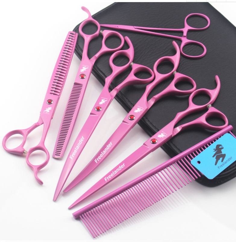 80 Inch Pink Freelander Paint Shaped 5 Scissors Pet Grooming Dense Teeth Scissors Set