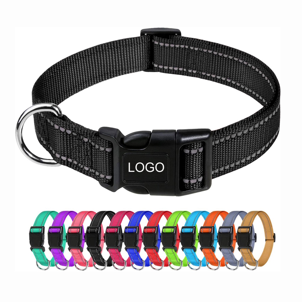 Adjustable Solid Colors Dog Collars Reflective Nylon Dog Collar With Quick Release Buckle