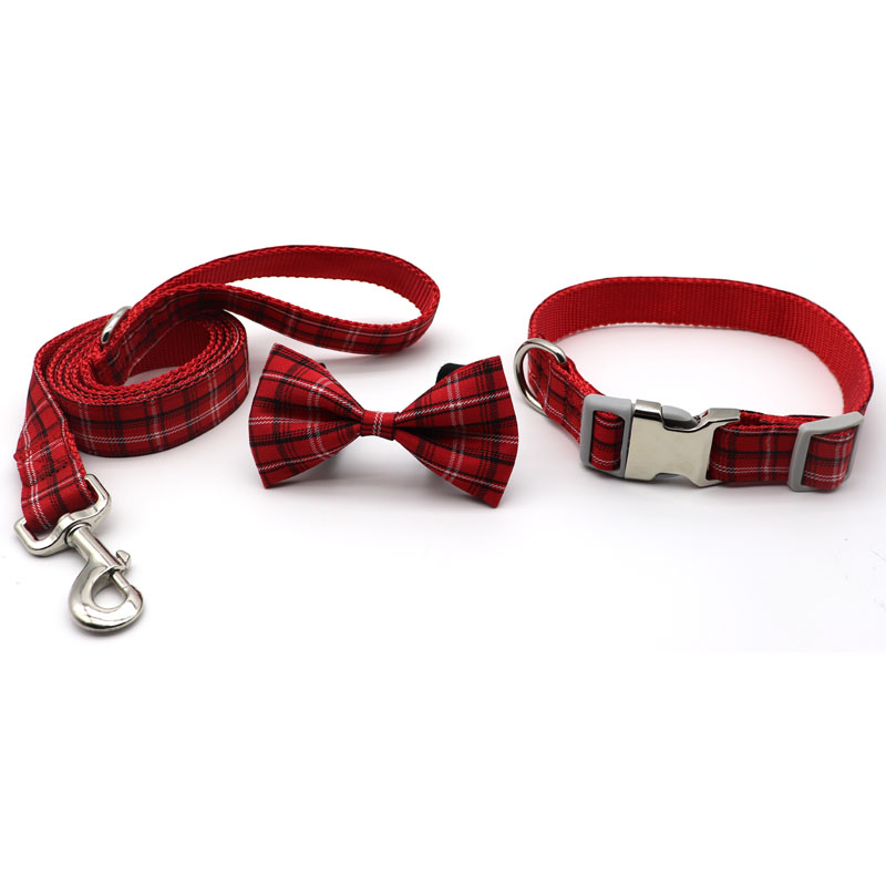Amazon Metal Buckle Quick Release Bowknot Red Plaid Cute Pet Dog Leash Set
