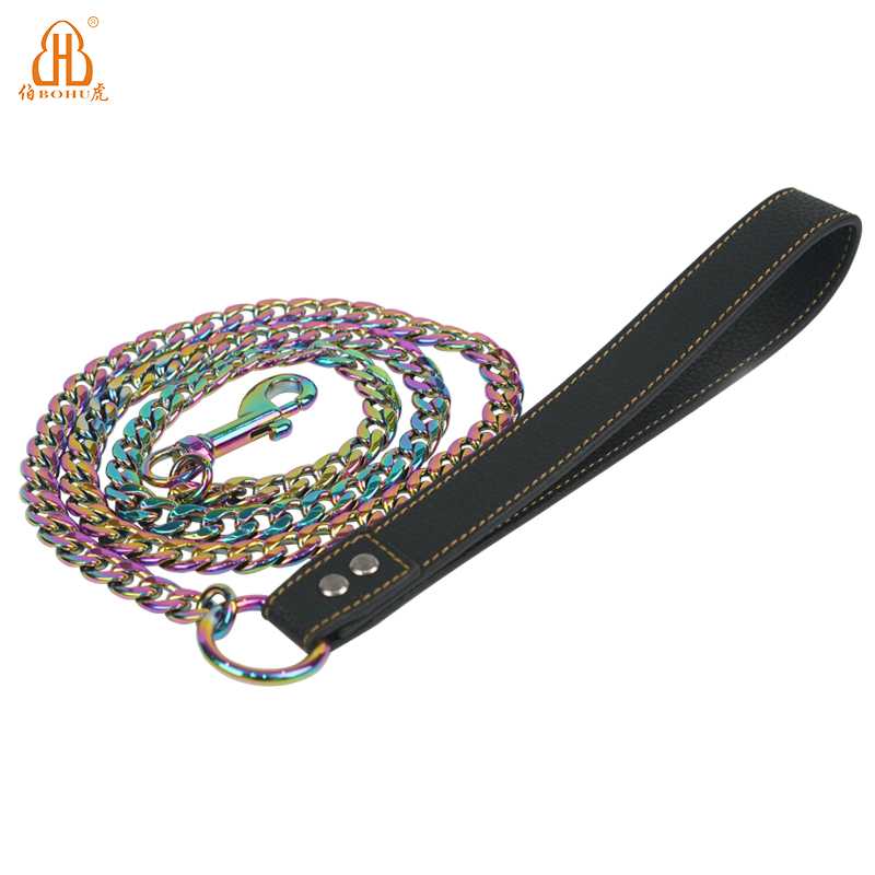 BOHU PU Leather Handle Twisted Stainless Steel Pet Leash Chains Pet Dogs