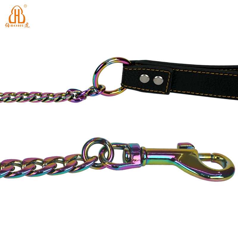 BOHU PU Leather Handle Twisted Stainless Steel Pet Leash Chains Pet Dogs