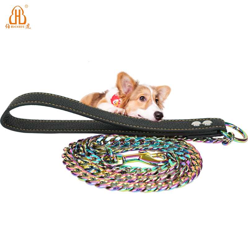 BOHU PU Leather Handle Twisted Stainless Steel Pet Leash Chains Pet Dogs