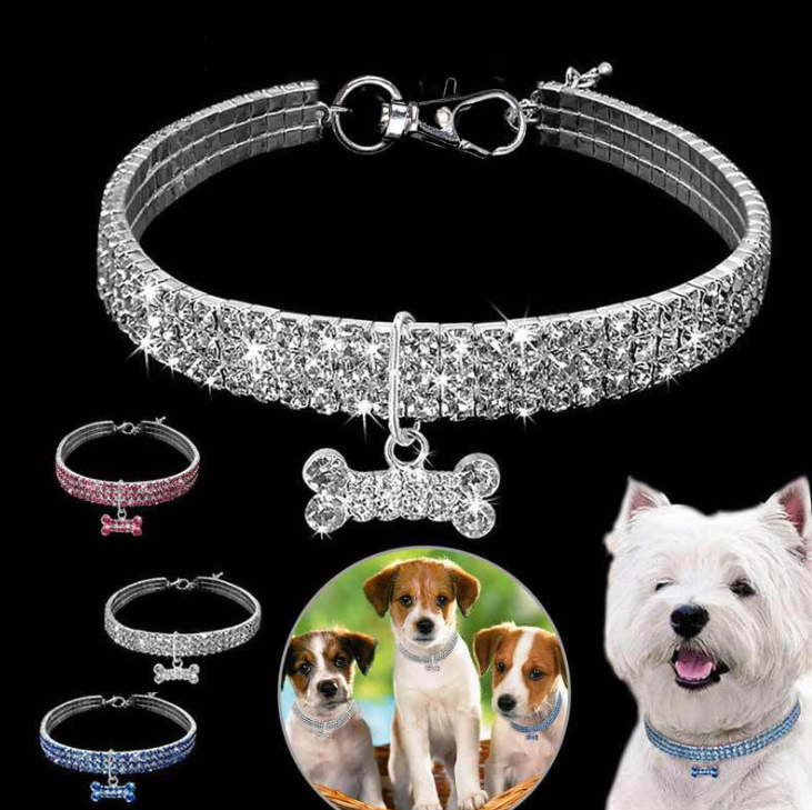 Bling Dog Collar Leash Shiny Full Rhinestone Soft Material Adjustable Dogs Cat Pets Collars With Bone Pet Supplies