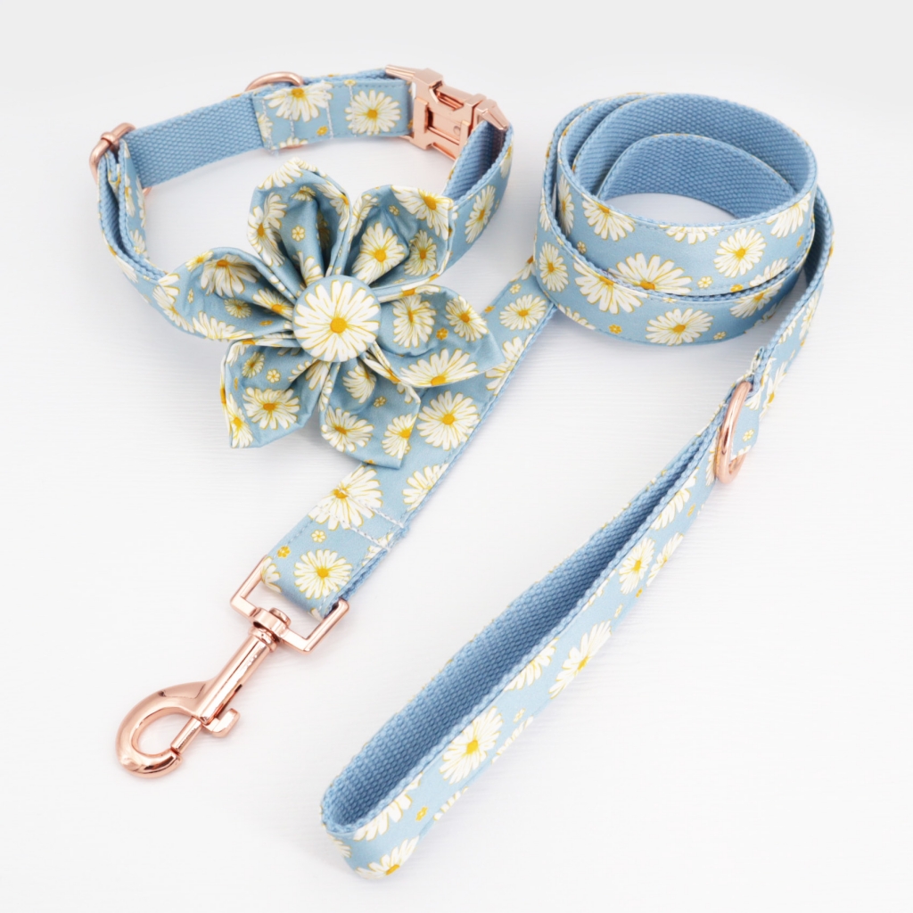 Blue Daisy Dog Collar Personalized Engraved Dog Collar With All Metal Buckle