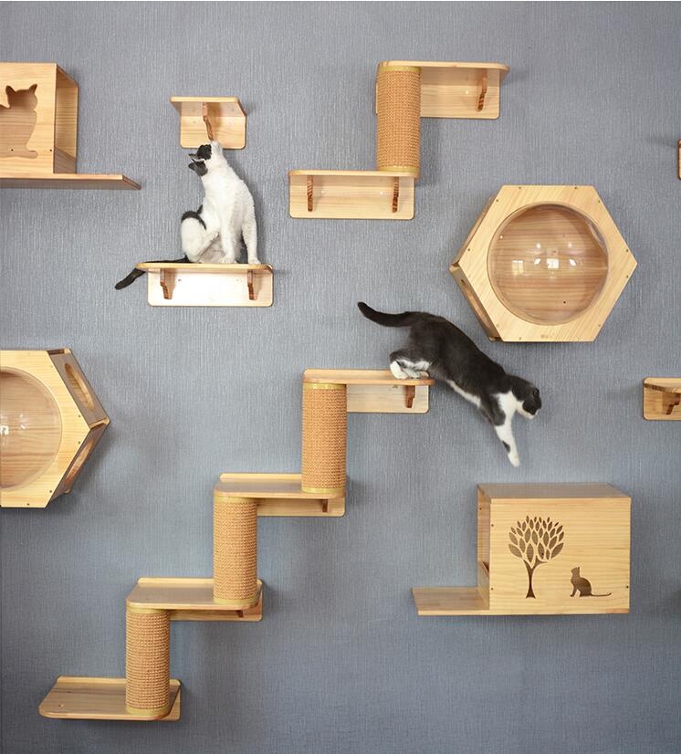 Cat Climbing Frame Solid Wood DIY Platform Cat Wall House Climb Track Springboard Sisal Grab Post Cats Drill Hole Wall Mounted
