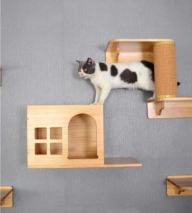 Cat Climbing Frame Solid Wood DIY Platform Cat Wall House Climb Track Springboard Sisal Grab Post Cats Drill Hole Wall Mounted