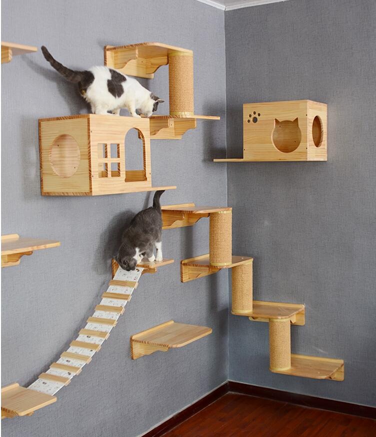 Cat Climbing Frame Solid Wood DIY Platform Cat Wall House Climb Track Springboard Sisal Grab Post Cats Drill Hole Wall Mounted