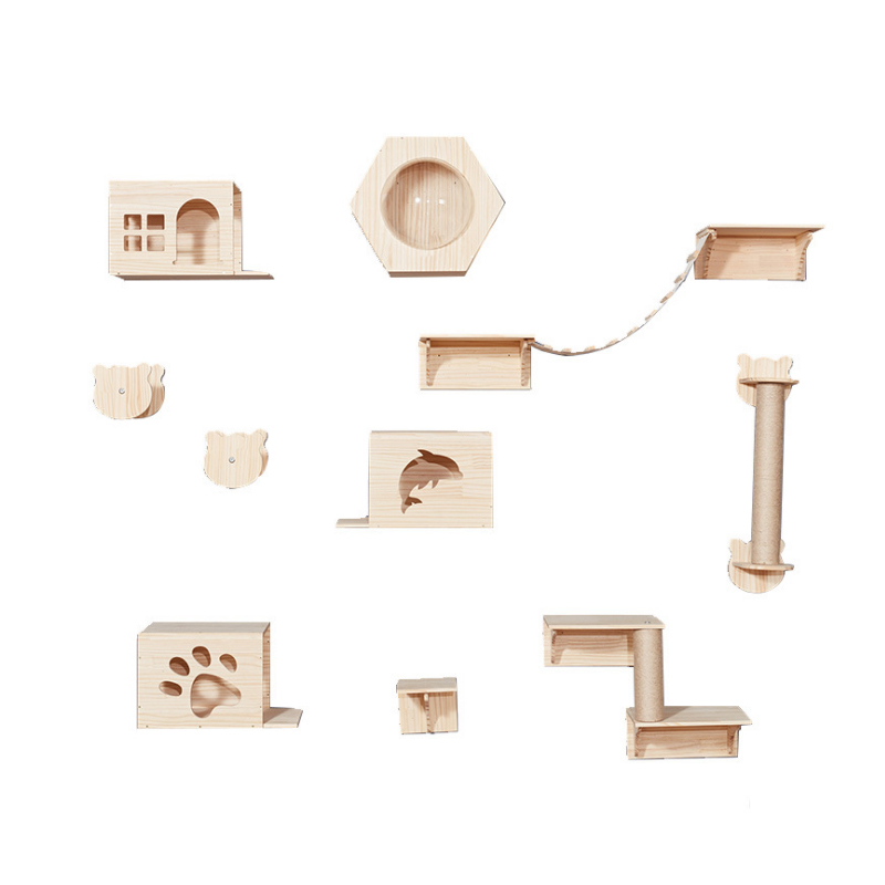 Cat Climbing Frame Solid Wood DIY Platform Cat Wall House Climb Track Springboard Sisal Grab Post Cats Drill Hole Wall Mounted