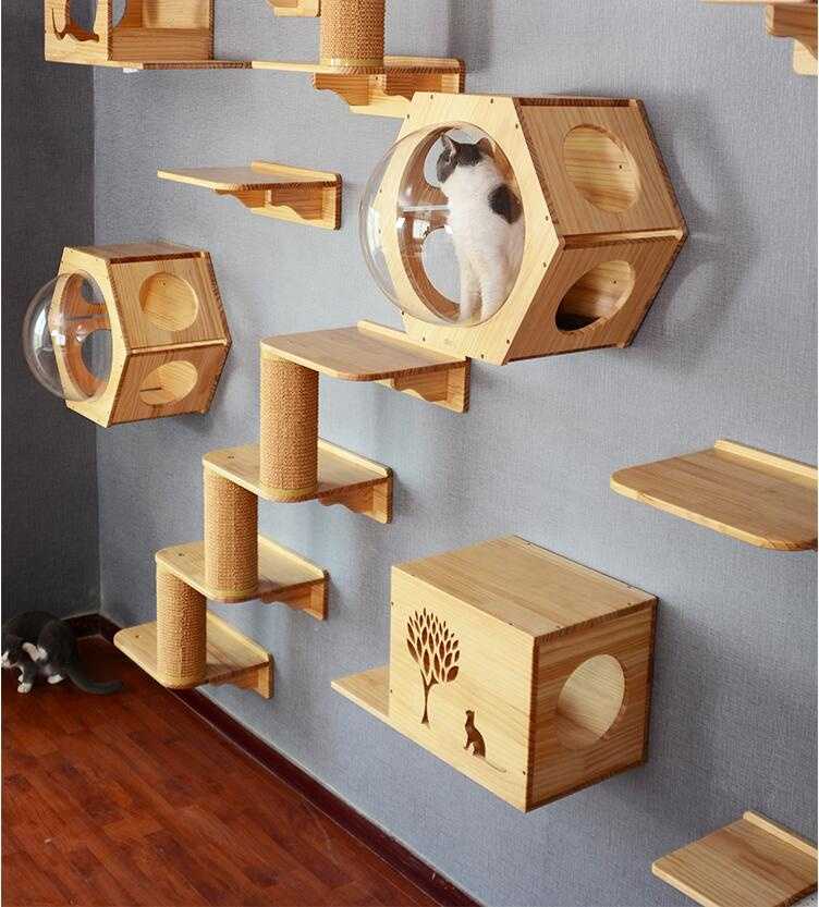 Cat Climbing Frame Solid Wood DIY Platform Cat Wall House Climb Track Springboard Sisal Grab Post Cats Drill Hole Wall Mounted