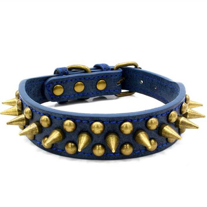 Coffee Blue Leather Rivet Spike Dog Collar Pets Accessory Adjustable Pet Collar Small Large Dog