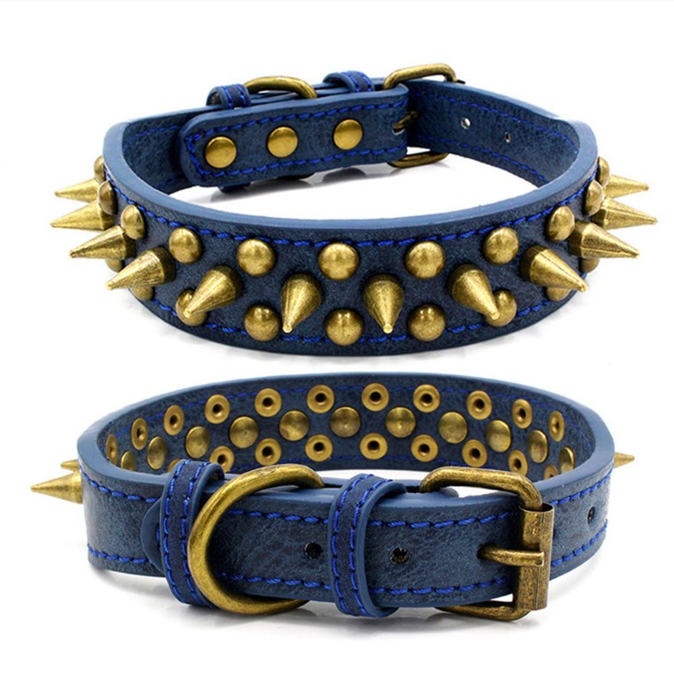 Coffee Blue Leather Rivet Spike Dog Collar Pets Accessory Adjustable Pet Collar Small Large Dog