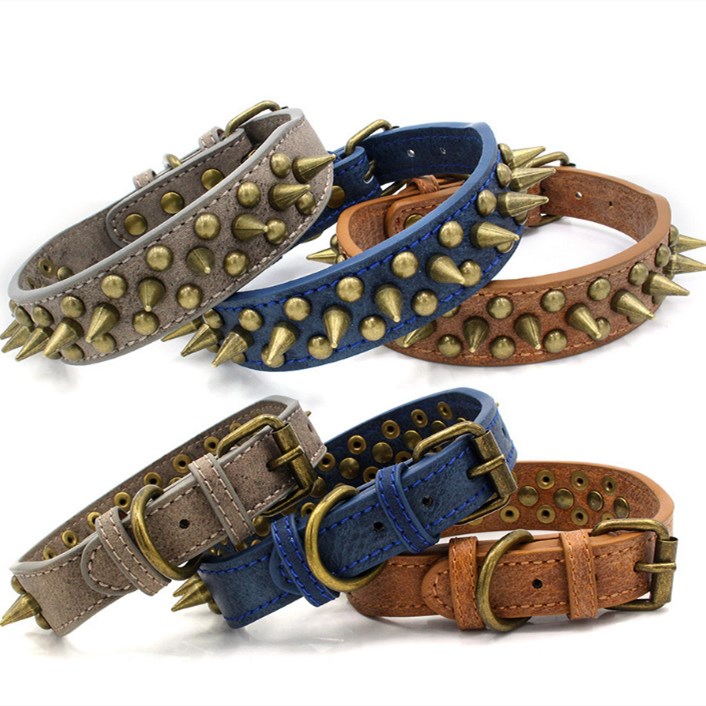 Coffee Blue Leather Rivet Spike Dog Collar Pets Accessory Adjustable Pet Collar Small Large Dog