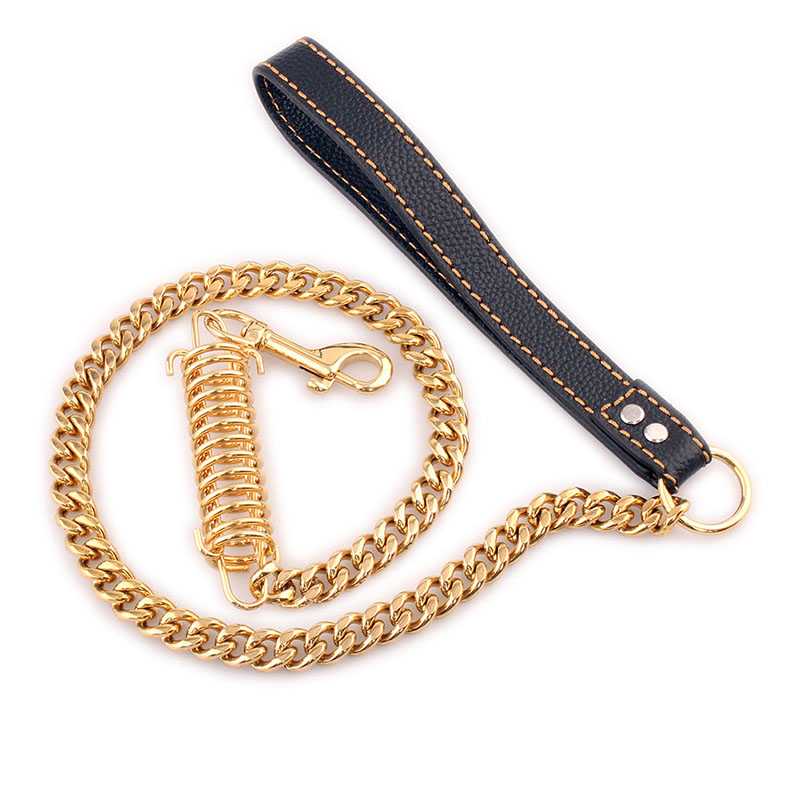 Custom Gold Dog Leashes 15MM Heavy Duty Fully Welded Stainless Steel Pet Leash Dog Chain With Spring Leather Padded Handle