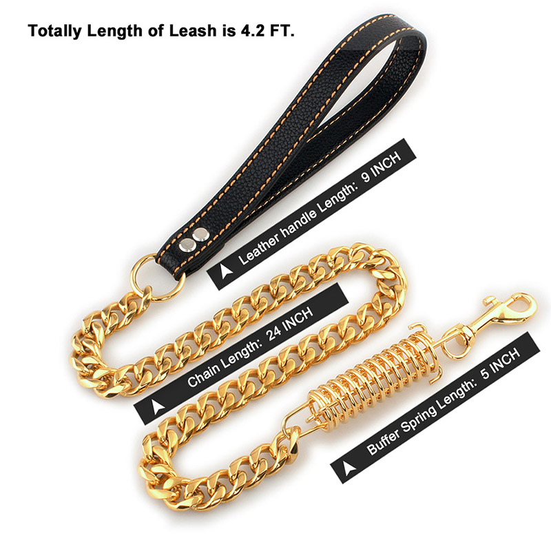 Custom Gold Dog Leashes 15MM Heavy Duty Fully Welded Stainless Steel Pet Leash Dog Chain With Spring Leather Padded Handle