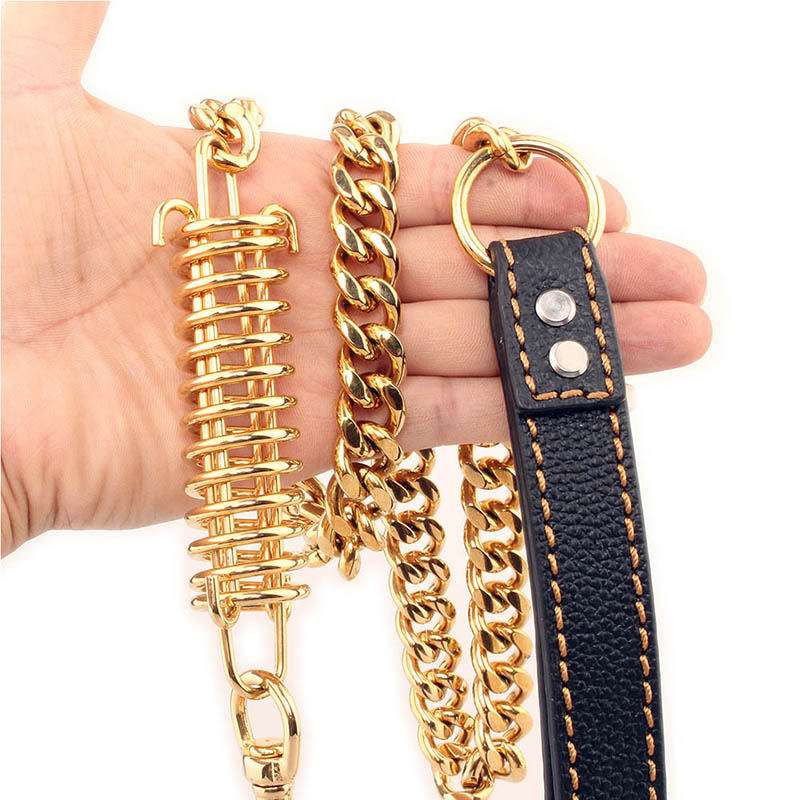 Custom Gold Dog Leashes 15MM Heavy Duty Fully Welded Stainless Steel Pet Leash Dog Chain With Spring Leather Padded Handle