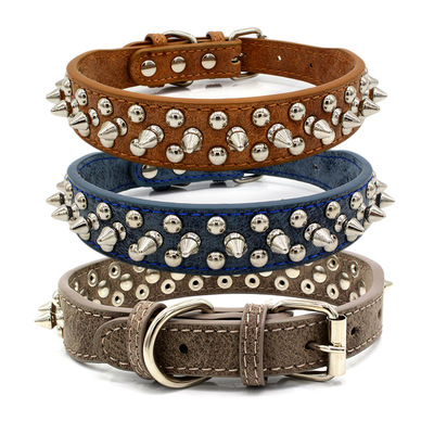 Dog Leather Collar Adjustable Dog Real Split Leather Studded Pet Collar Durable Doggy Collars Small Medium Large Dogs