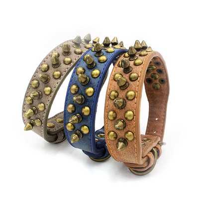 Dog Leather Collar Adjustable Dog Real Split Leather Studded Pet Collar Durable Doggy Collars Small Medium Large Dogs