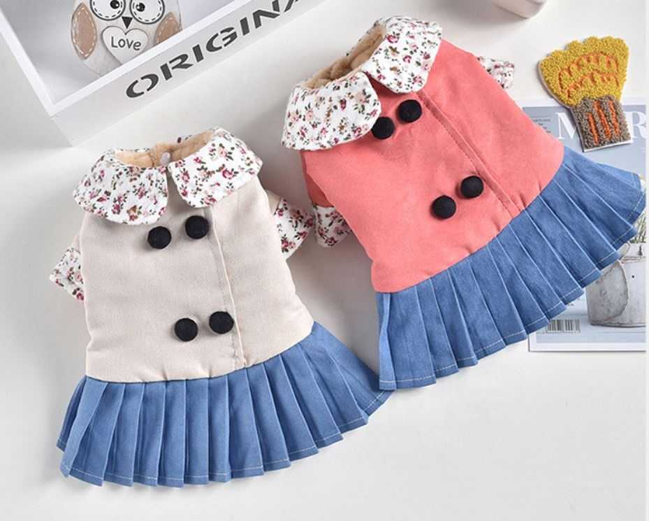 Dog Pleated Skirt Doublebreasted Dog Coat Two Feet Pet Clothes With Flannel