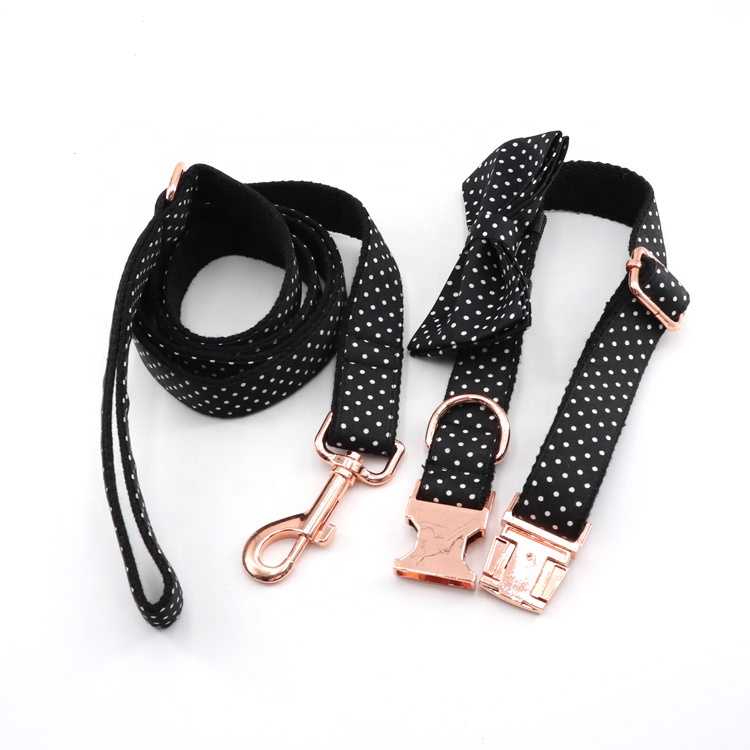 Floral Bow Tie Cotton Small Dog Collar Flower Set Rose Gold Metal Buckle Black Dog Collar Leash Set