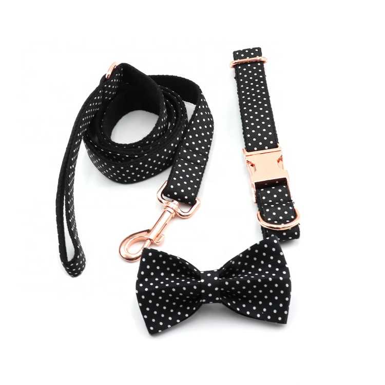 Floral Bow Tie Cotton Small Dog Collar Flower Set Rose Gold Metal Buckle Black Dog Collar Leash Set