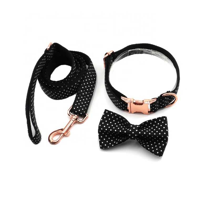 Floral Bow Tie Cotton Small Dog Collar Flower Set Rose Gold Metal Buckle Black Dog Collar Leash Set