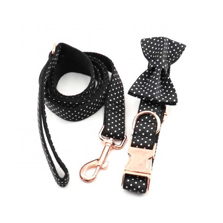 Floral Bow Tie Cotton Small Dog Collar Flower Set Rose Gold Metal Buckle Black Dog Collar Leash Set