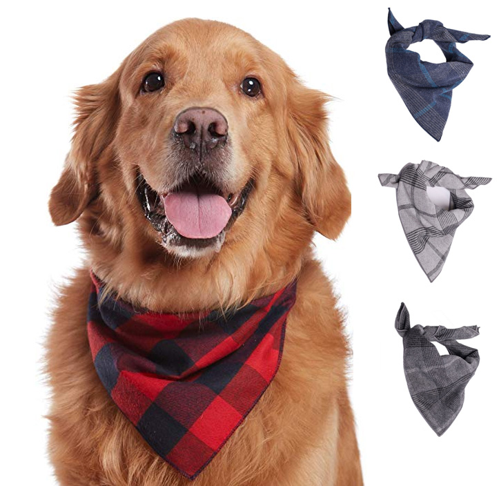 Goodluckpet 3PCS Triangle Bibs Reversible Plaid Printing Dog Kerchief Set Dog Bandanas Dog Scarfs