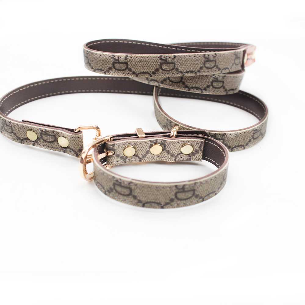 Ing Tear Proof Durable Custom PU Leather Dog Pet Collar Leash With Golden Tag