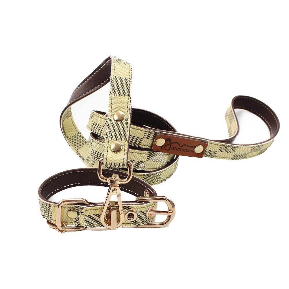 Ing Tear Proof Durable Custom PU Leather Dog Pet Collar Leash With Golden Tag