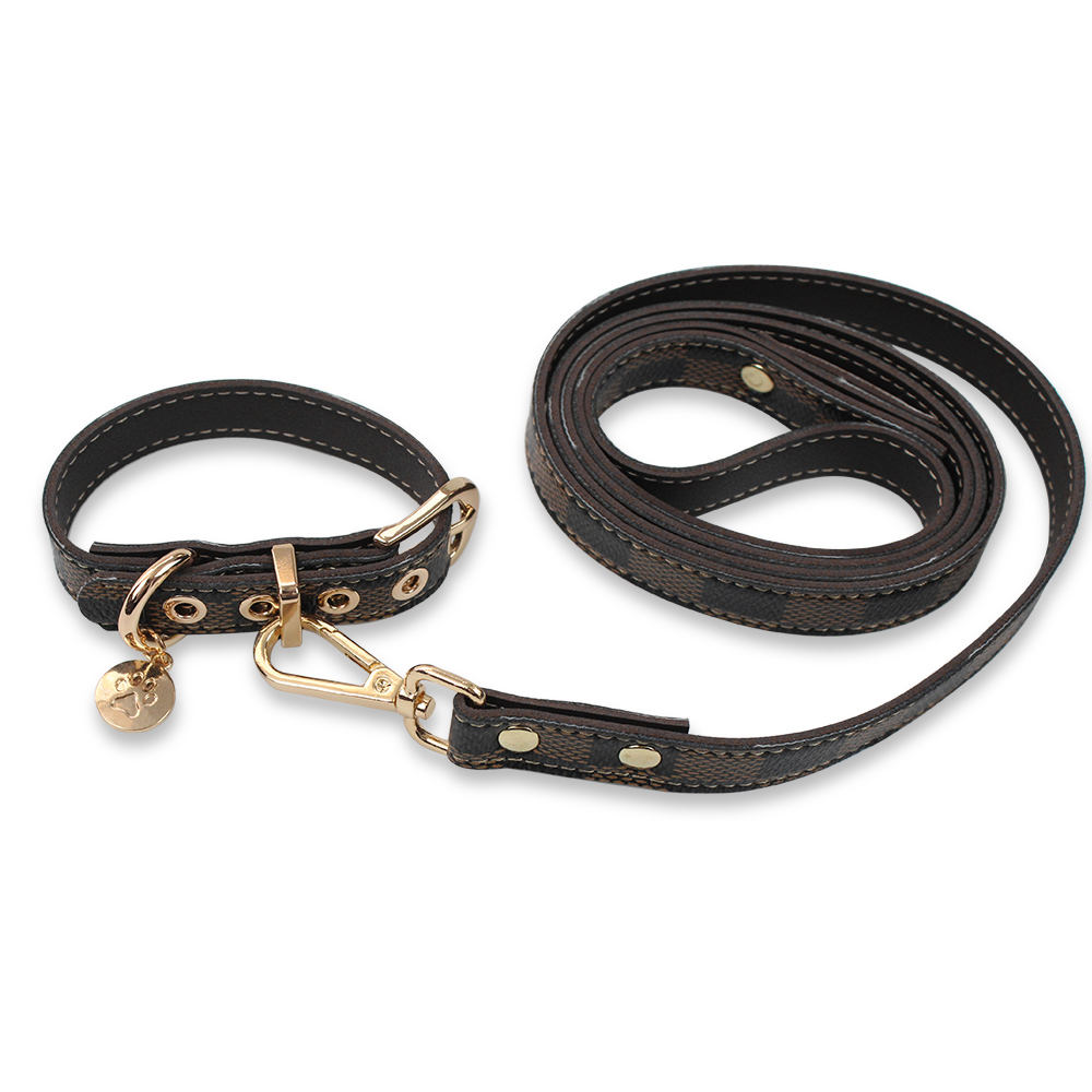 Ing Tear Proof Durable Custom PU Leather Dog Pet Collar Leash With Golden Tag