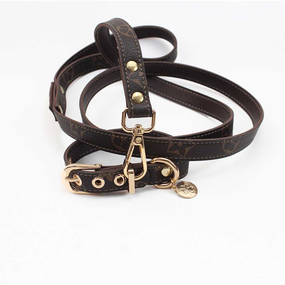 Ing Tear Proof Durable Custom PU Leather Dog Pet Collar Leash With Golden Tag