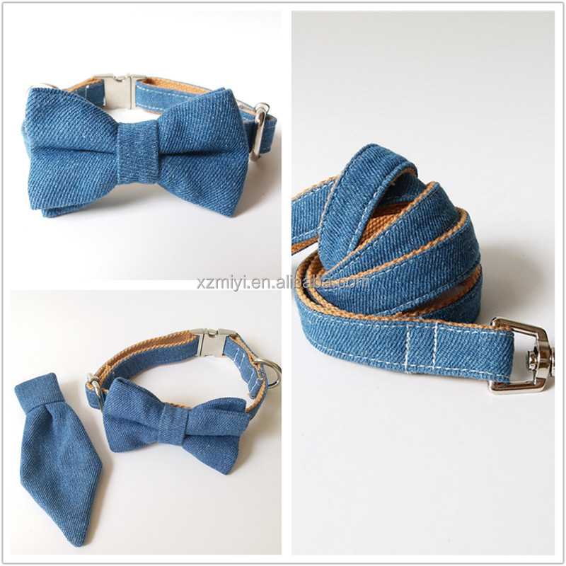 Jeans Bow Tie Dog Collar Neck Tie Collar Leash Personalized Engraved Dog Collar With All Metal Buckle