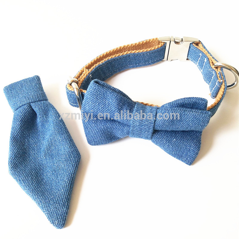 Jeans Bow Tie Dog Collar Neck Tie Collar Leash Personalized Engraved Dog Collar With All Metal Buckle