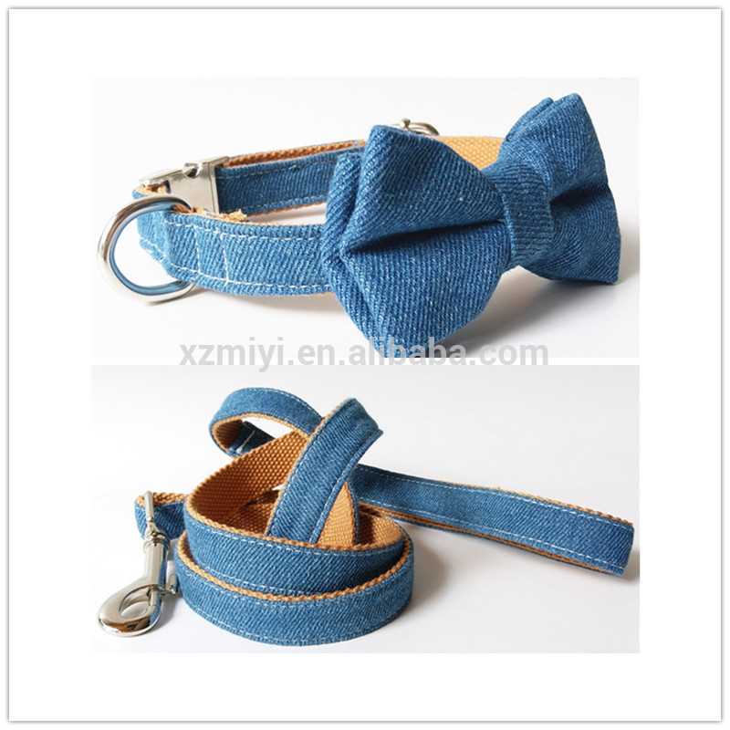 Jeans Bow Tie Dog Collar Neck Tie Collar Leash Personalized Engraved Dog Collar With All Metal Buckle