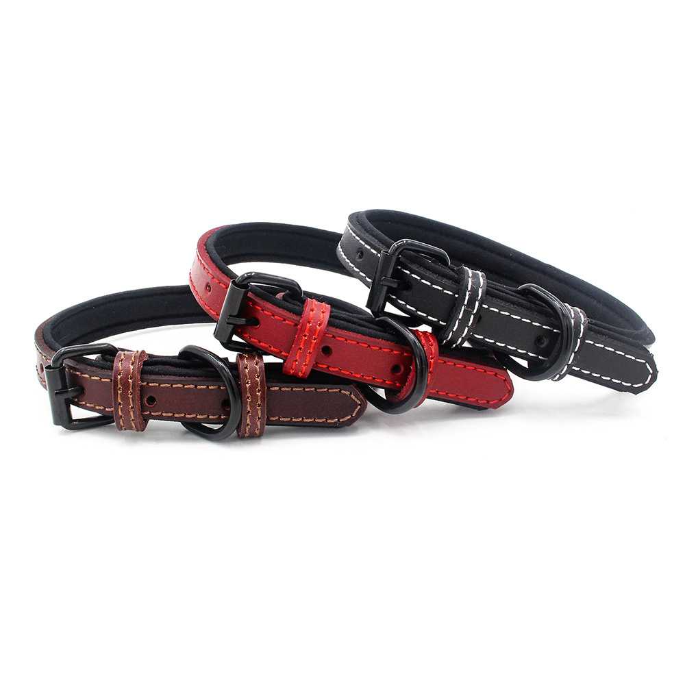 Kinyu Custom Adjustable Durable Metal Double DRing Dual Stitching Genuine Leather Dog Collar In