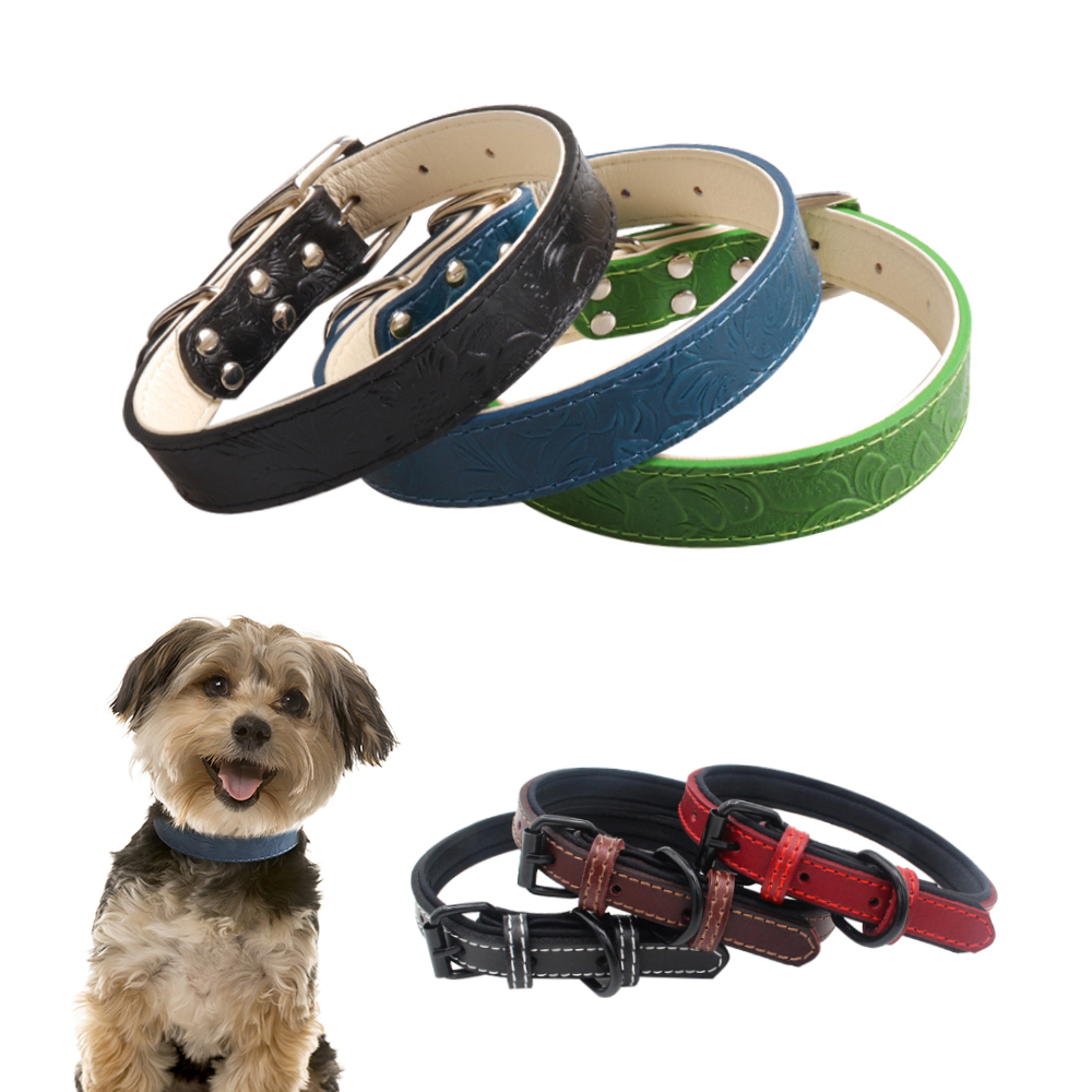 Kinyu Custom Adjustable Durable Metal Double DRing Dual Stitching Genuine Leather Dog Collar In