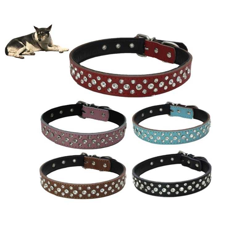 Nail Foot Authentic Leather Rhinestones Collar Threerow Drill Dog Collar Cow Skin Dog Chain Pet Supplies Amazon