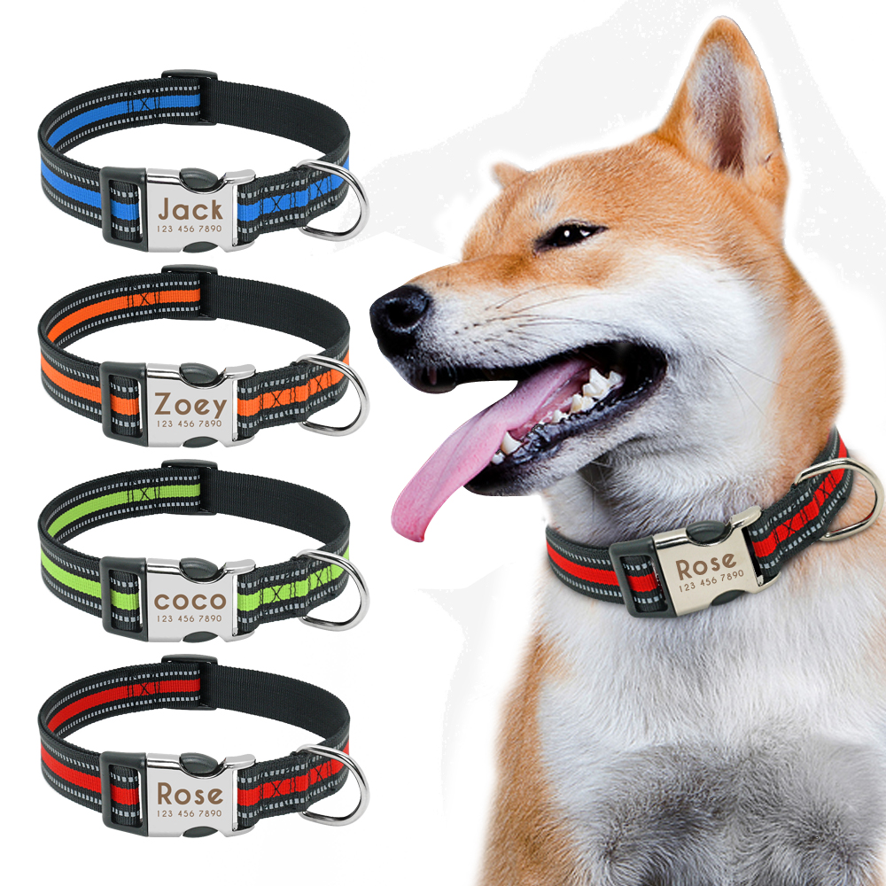 Nylon Dog Collar ID Tag Nameplate Reflective Personalized Pet Collar Engraved