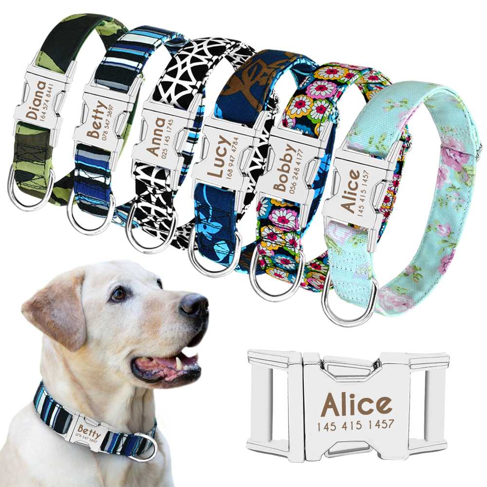 Nylon Dog Collar ID Tag Nameplate Reflective Personalized Pet Collar Engraved