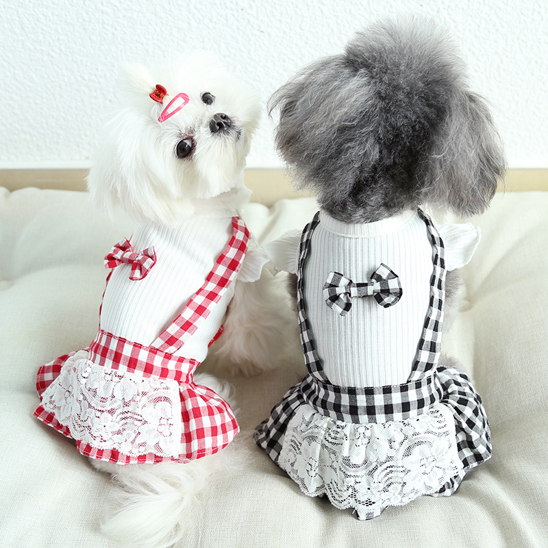 Pet Clothes Dog Clothes Sweet Version Lace Plaid Bowknot Dog Skirt Pet Dress
