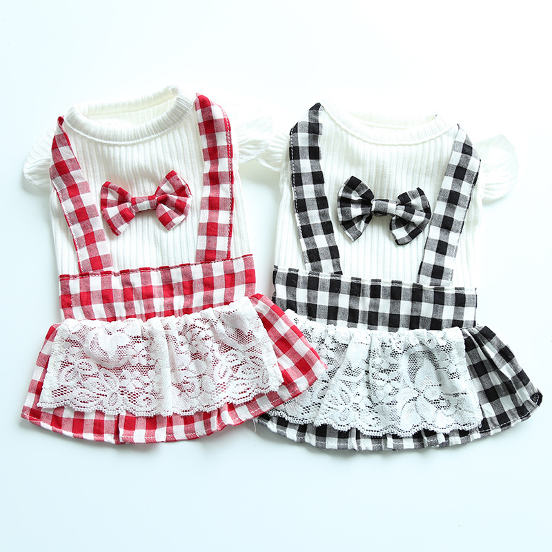 Pet Clothes Dog Clothes Sweet Version Lace Plaid Bowknot Dog Skirt Pet Dress